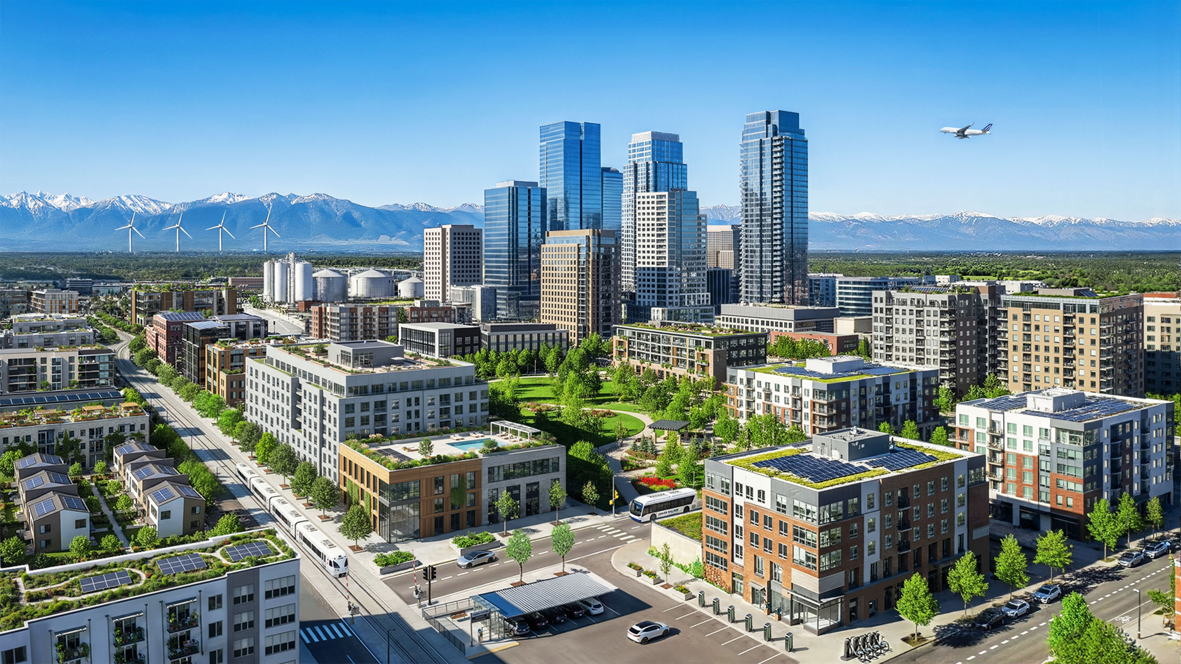 Background map of product icons pinned to city landscape